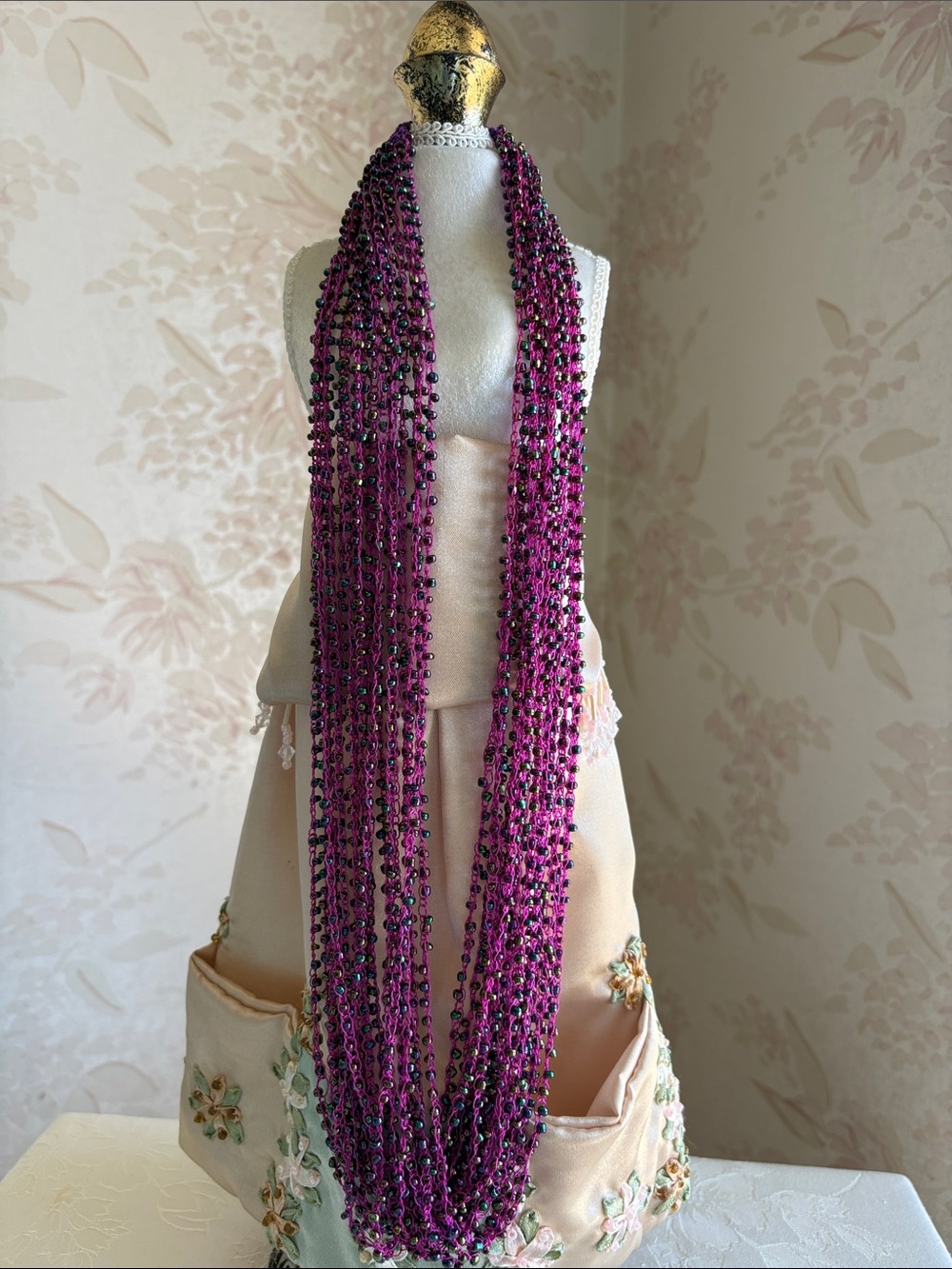 Multi-Strand Beaded Scarf Wrap in Magenta